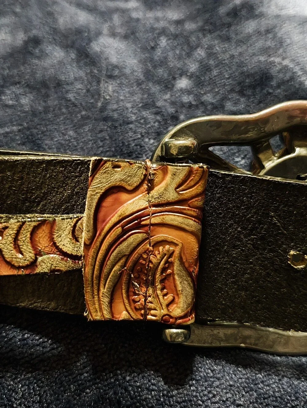 Vintage 90s Streets Ahead Leather Belt Large Western Tooled Coral Rhinestone